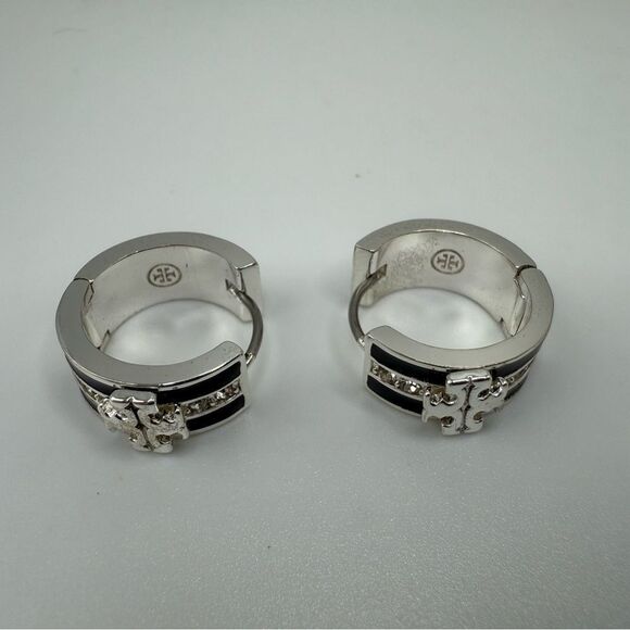 Tory Burch Kira Black and Silver Crystal Hoop Earrings - Picture 2 of 4